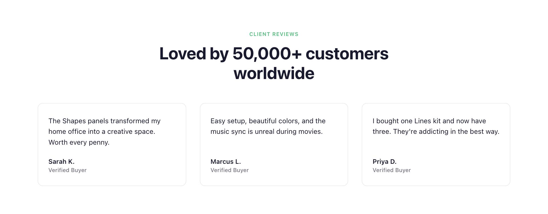 Live capture of the Testimonials section
